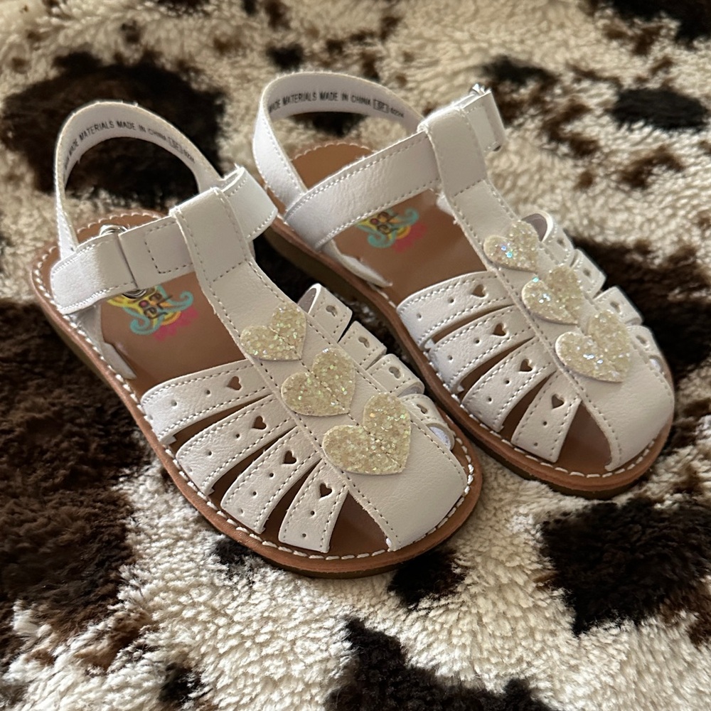 Girls Rachel Shoes White and Glitter Hearts Sandals 9c